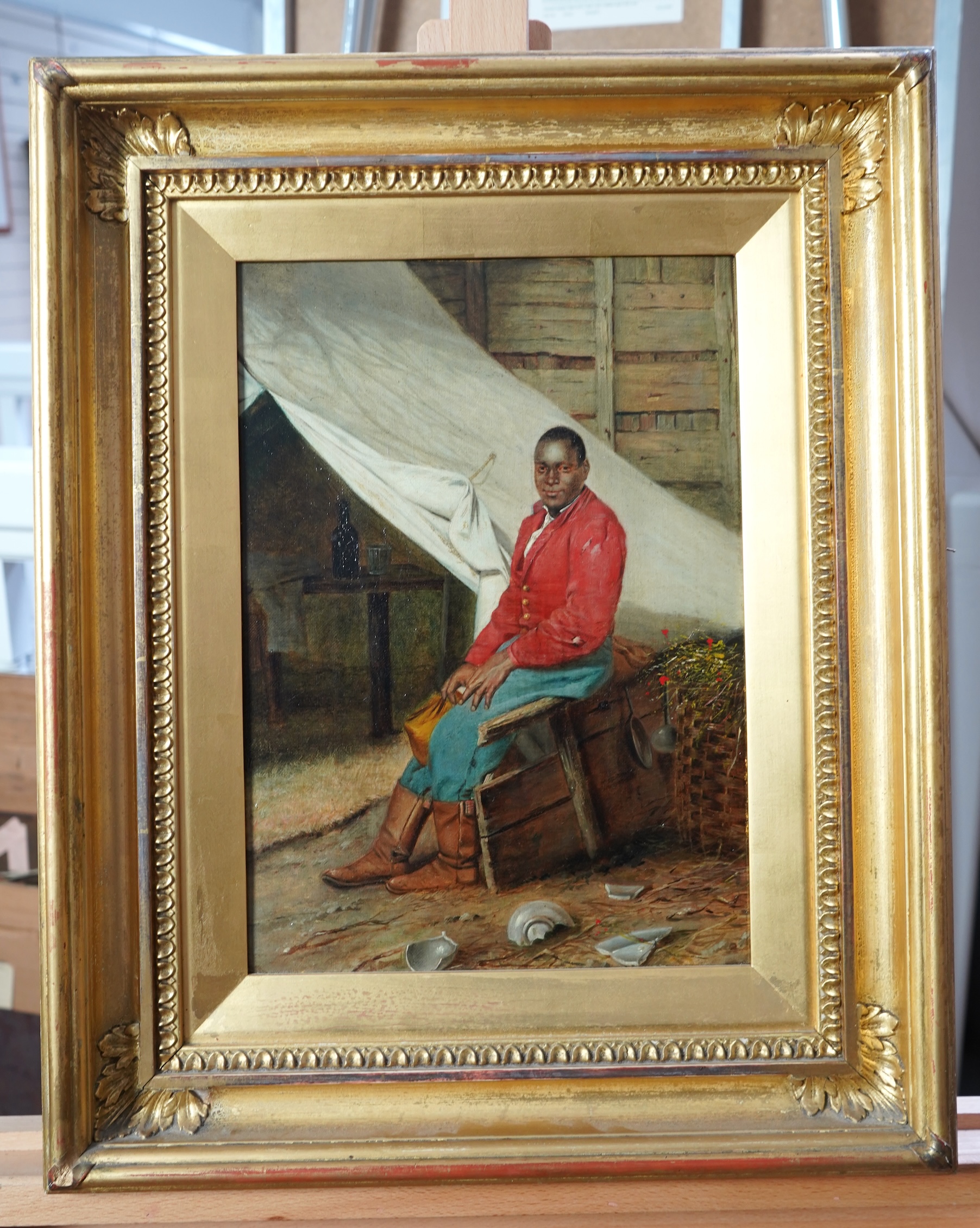 English School, 19th/20th century, Study of a seated gentleman in an interior besides broken pottery